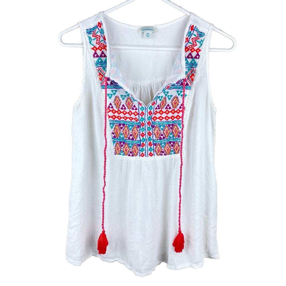 Sundance Embroidered Split Neck Tasseled Tie Tank Womens Sz XS Boho Cottagecore